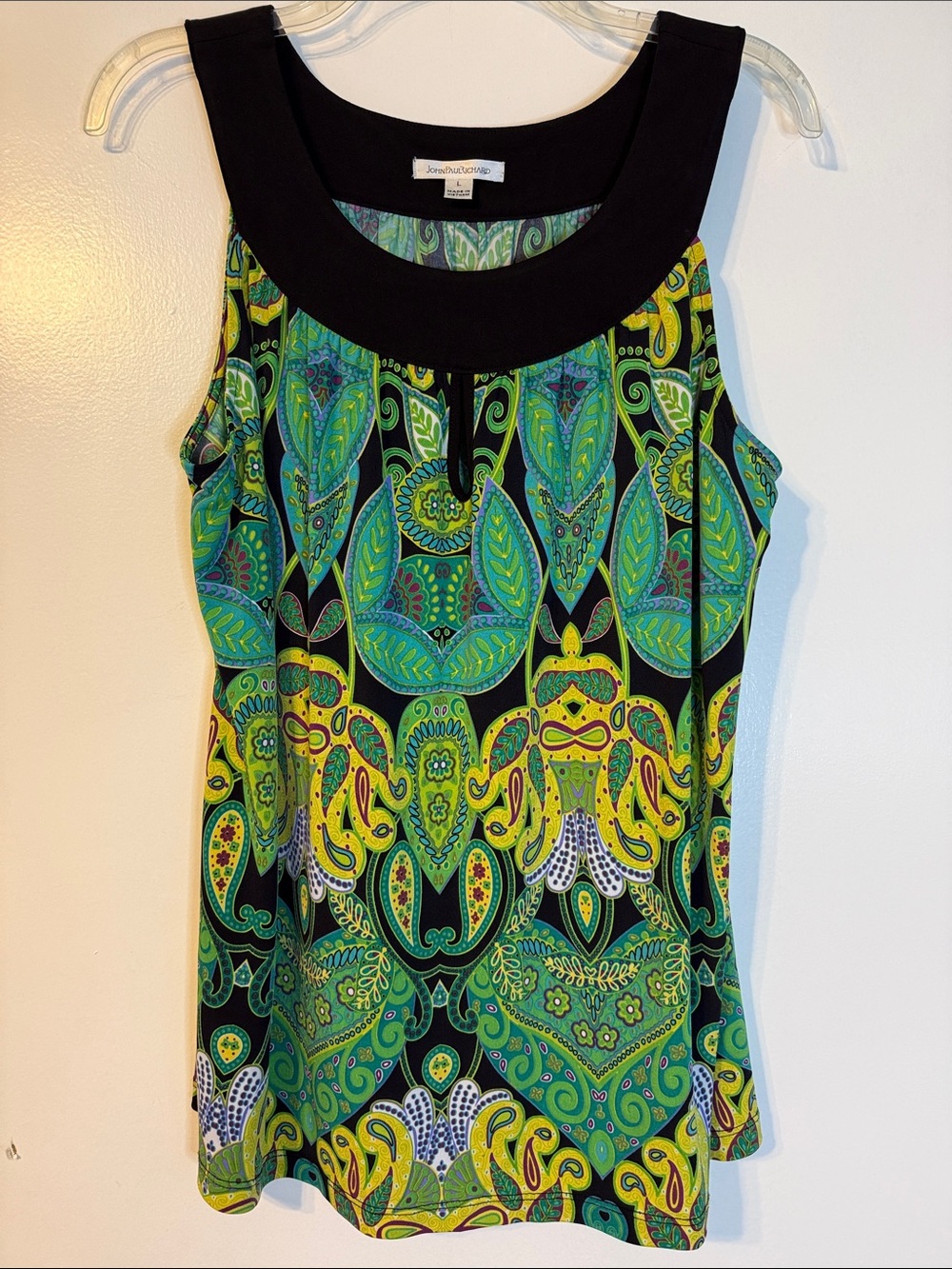 JohnPaulRichard Black Tank with Green and Yellow Paisley Print